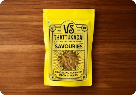 VS Thattukadai snack packs with bowls of mixture and thattai on a red tabletop